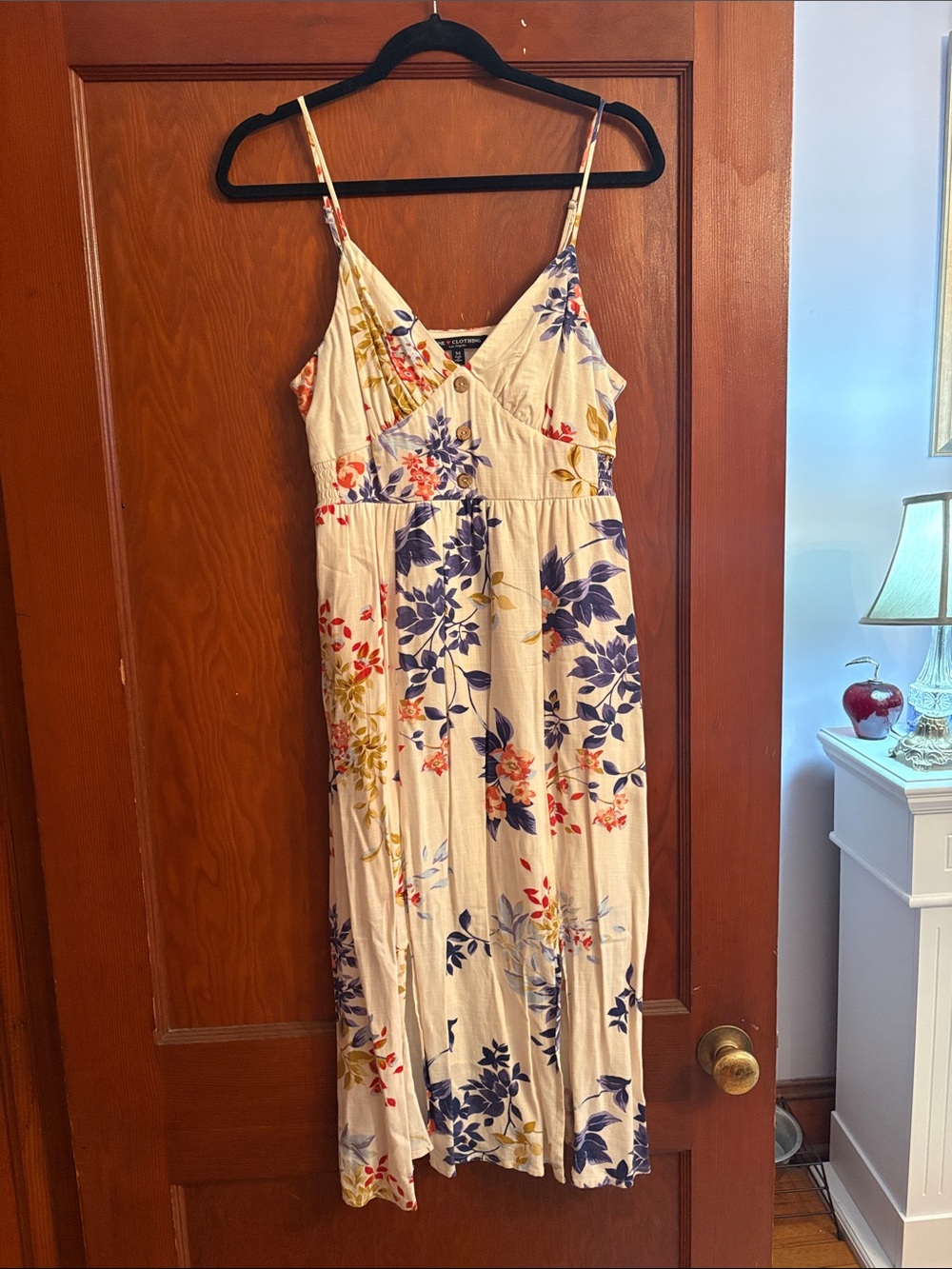 Floral V-Neck Spaghetti Strap Midi Dress in Cream